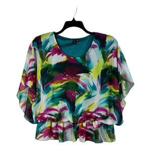 Inois Women’s Kaftan Blouse Large Multicolor Ruffle Scoop Neck Top Artsy